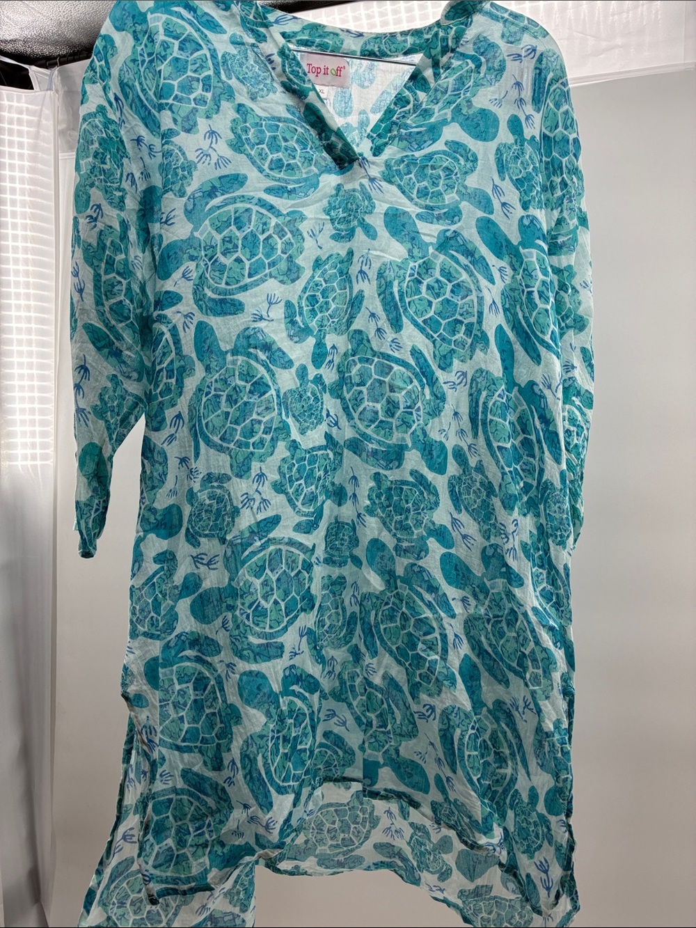 Top it Off Teal Sea Turtle V-Neck Beach Coverup